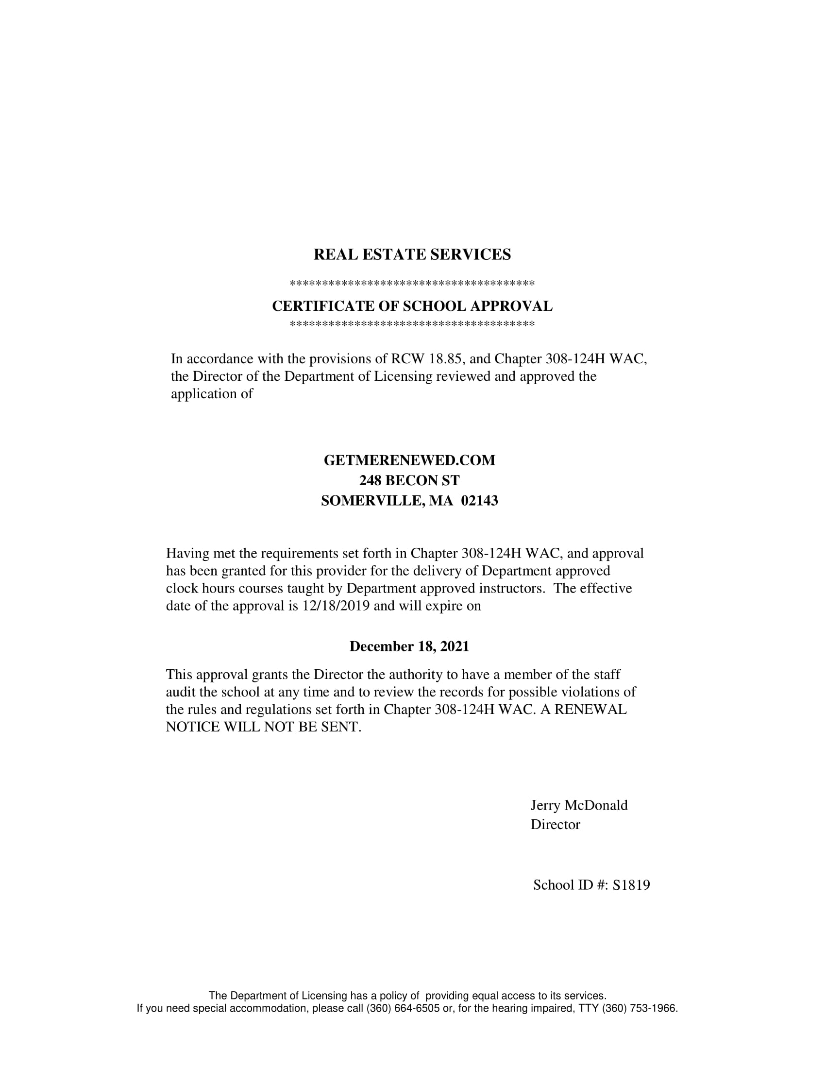 Washington School Approval
